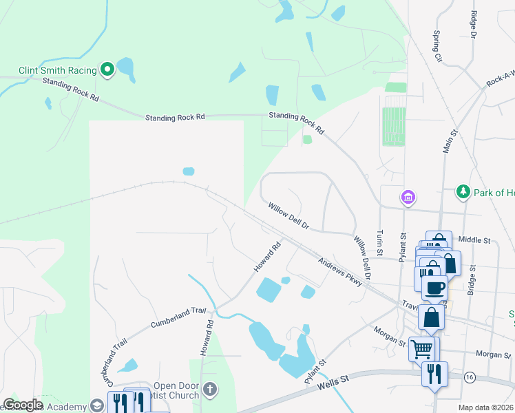 map of restaurants, bars, coffee shops, grocery stores, and more near 340 Willow Dell Drive in Senoia