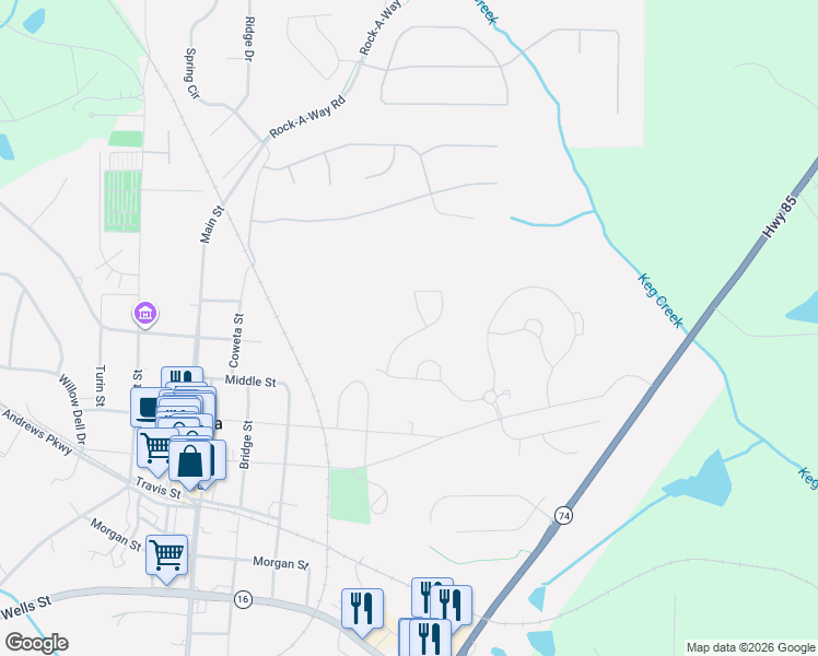 map of restaurants, bars, coffee shops, grocery stores, and more near 356 Johnson Street in Senoia