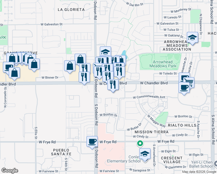 map of restaurants, bars, coffee shops, grocery stores, and more near 1882 West Chandler Boulevard in Chandler