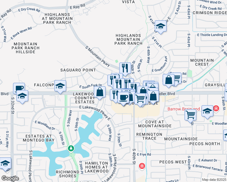 map of restaurants, bars, coffee shops, grocery stores, and more near 3902 South Mountain Parkway Plaza in Phoenix