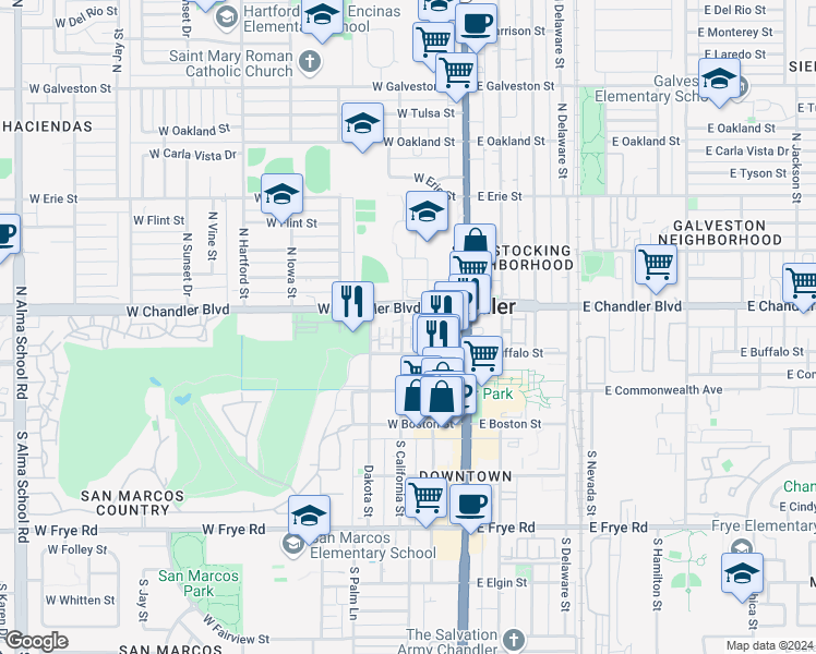 map of restaurants, bars, coffee shops, grocery stores, and more near 271 West Chandler Boulevard in Chandler