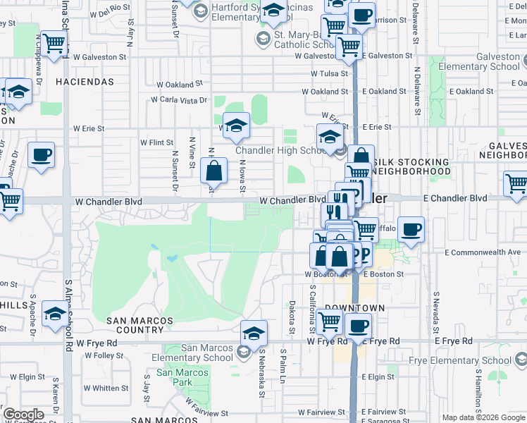 map of restaurants, bars, coffee shops, grocery stores, and more near 445 West Chandler Boulevard in Chandler