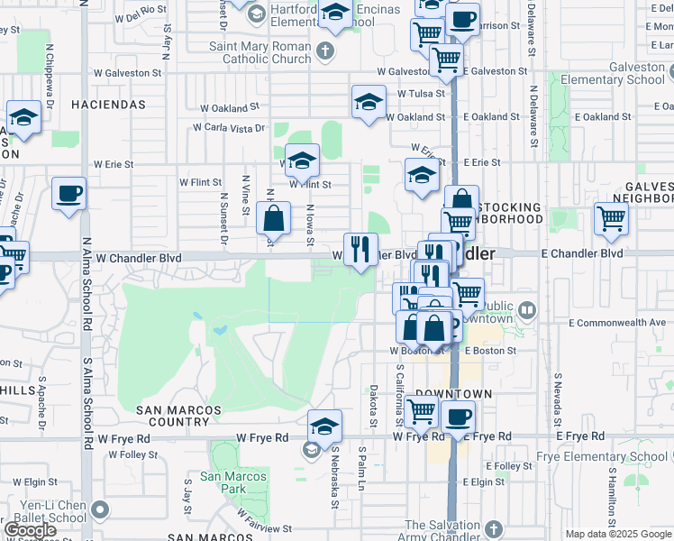 map of restaurants, bars, coffee shops, grocery stores, and more near 445 West Chandler Boulevard in Chandler