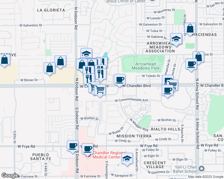 map of restaurants, bars, coffee shops, grocery stores, and more near in Chandler