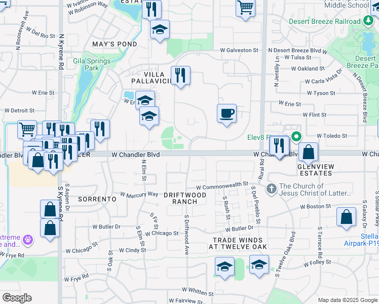 map of restaurants, bars, coffee shops, grocery stores, and more near 5361 West Pvt in Chandler