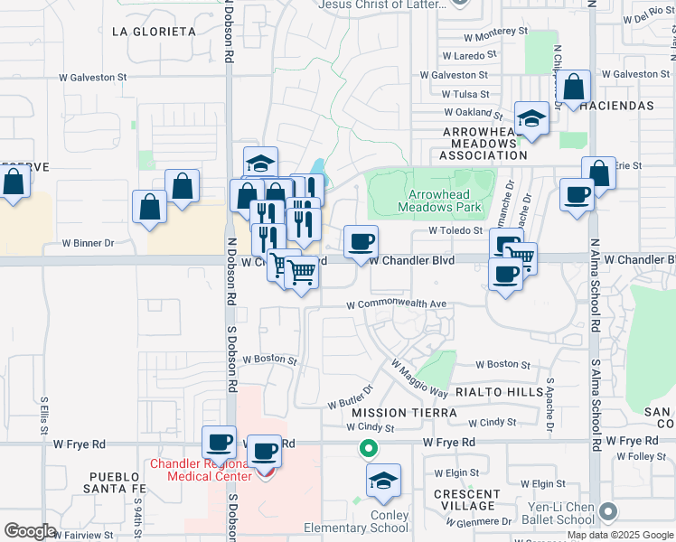 map of restaurants, bars, coffee shops, grocery stores, and more near 1717 West Chandler Boulevard in Chandler