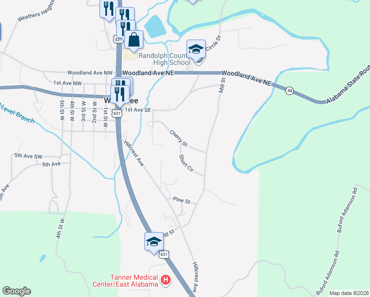 map of restaurants, bars, coffee shops, grocery stores, and more near 575 Cherry Street in Wedowee