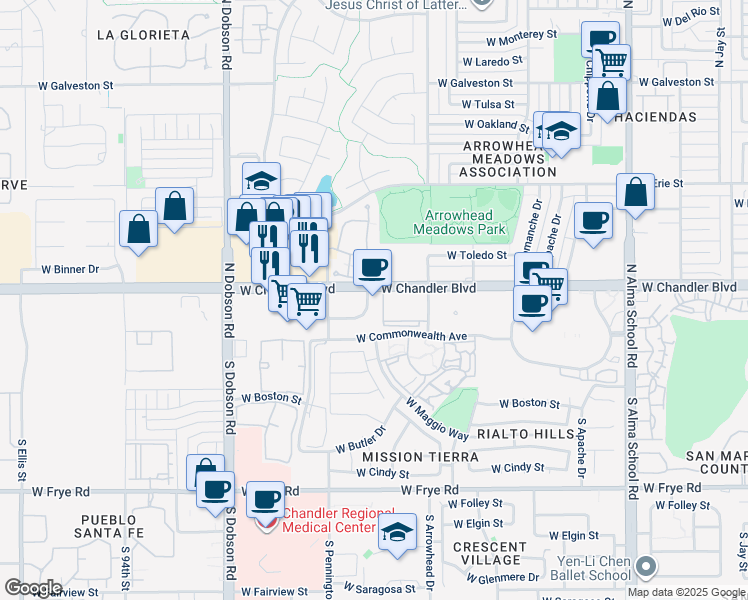 map of restaurants, bars, coffee shops, grocery stores, and more near 1625 West Chandler Boulevard in Chandler