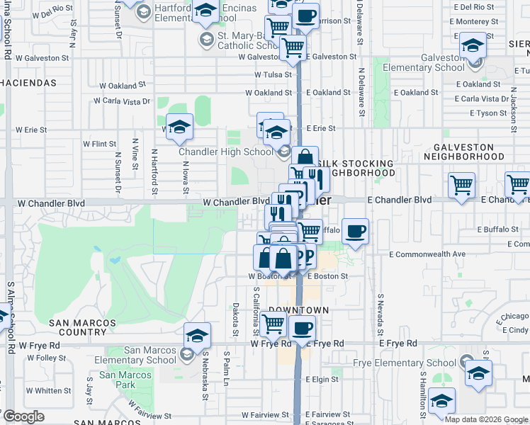 map of restaurants, bars, coffee shops, grocery stores, and more near 161 North California Street in Chandler