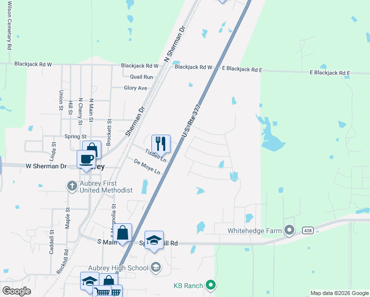 map of restaurants, bars, coffee shops, grocery stores, and more near 111 U.S. 377 in Aubrey