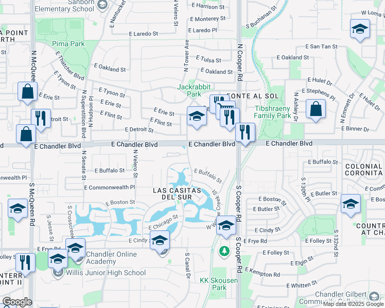 map of restaurants, bars, coffee shops, grocery stores, and more near in Chandler