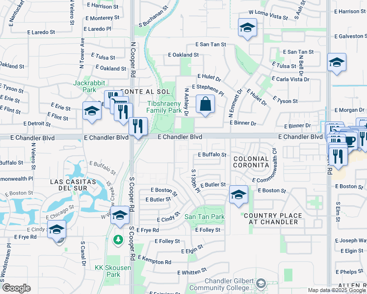map of restaurants, bars, coffee shops, grocery stores, and more near 195 North Cottonwood Street in Chandler