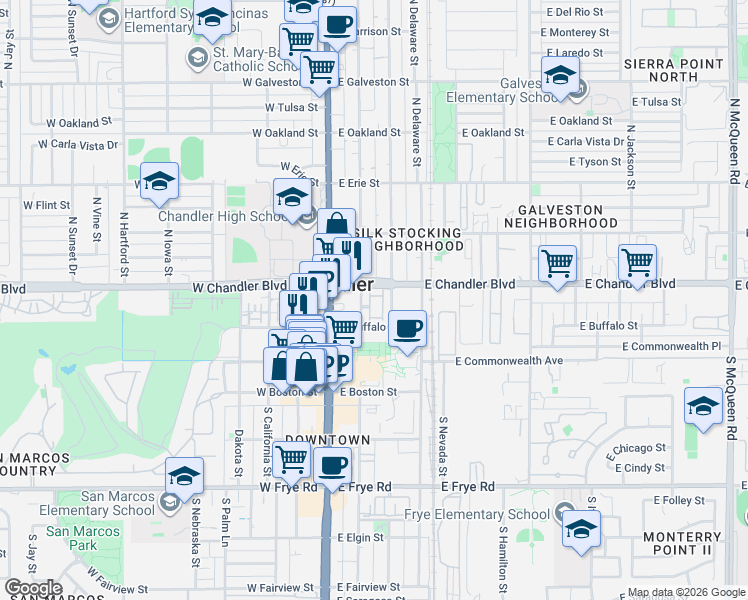 map of restaurants, bars, coffee shops, grocery stores, and more near 123 North Washington Street in Chandler