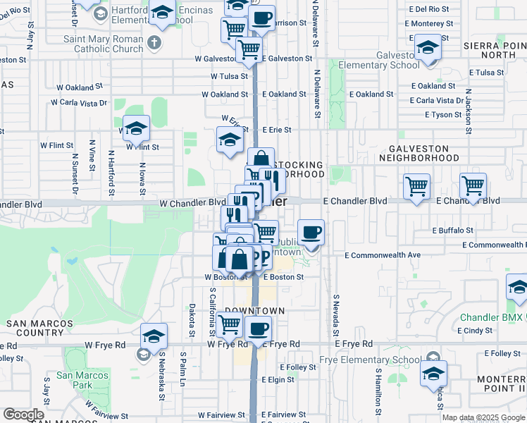 map of restaurants, bars, coffee shops, grocery stores, and more near in Chandler