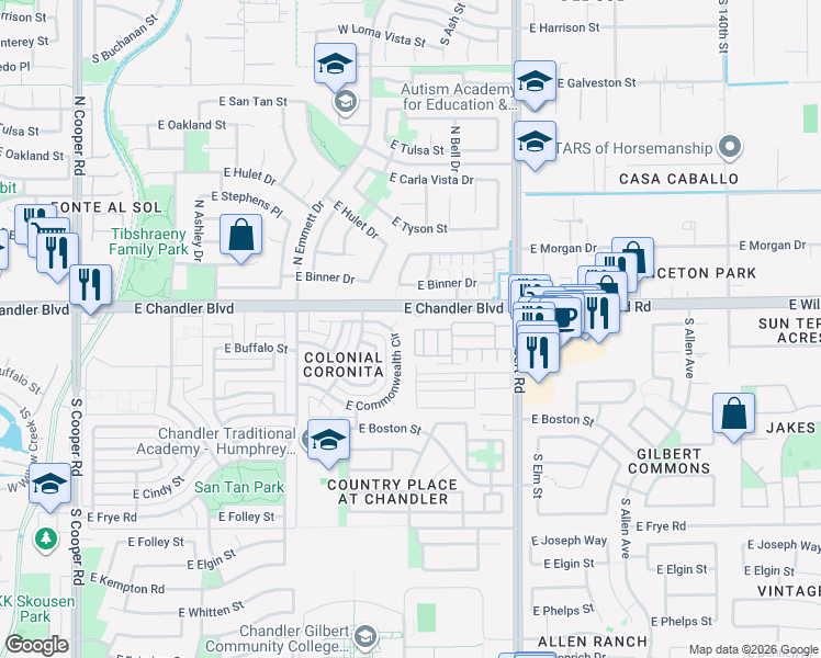 map of restaurants, bars, coffee shops, grocery stores, and more near 13433 East Chandler Boulevard in Chandler