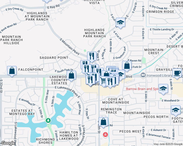 map of restaurants, bars, coffee shops, grocery stores, and more near 3902 South Mountain Parkway Plaza in Phoenix