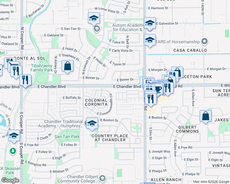 map of restaurants, bars, coffee shops, grocery stores, and more near 13433 East Chandler Boulevard in Chandler