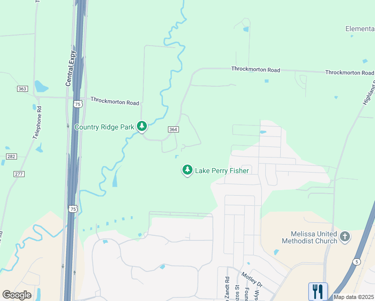 map of restaurants, bars, coffee shops, grocery stores, and more near 516 County Road 364 in Melissa