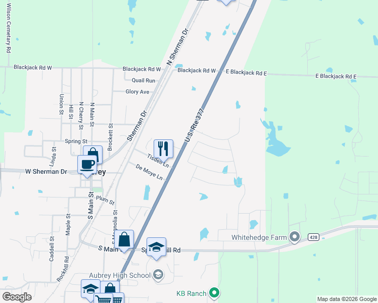 map of restaurants, bars, coffee shops, grocery stores, and more near 2224 Pommel Lane in Aubrey