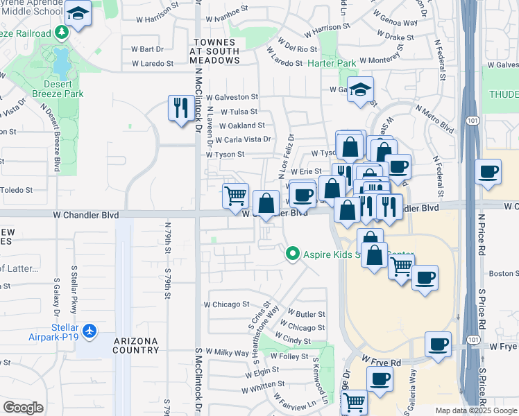 map of restaurants, bars, coffee shops, grocery stores, and more near 3806 West Chandler Boulevard in Chandler