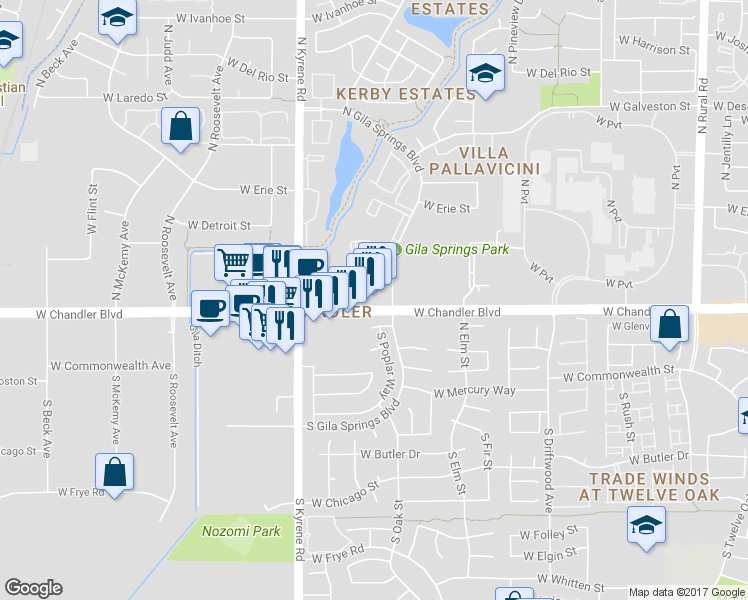 map of restaurants, bars, coffee shops, grocery stores, and more near 5800 West Chandler Boulevard in Chandler