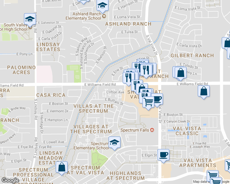 map of restaurants, bars, coffee shops, grocery stores, and more near Clifton Avenue in Gilbert