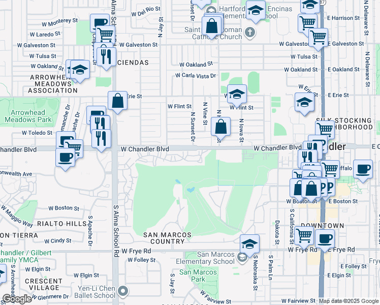 map of restaurants, bars, coffee shops, grocery stores, and more near 777 West Chandler Boulevard in Chandler