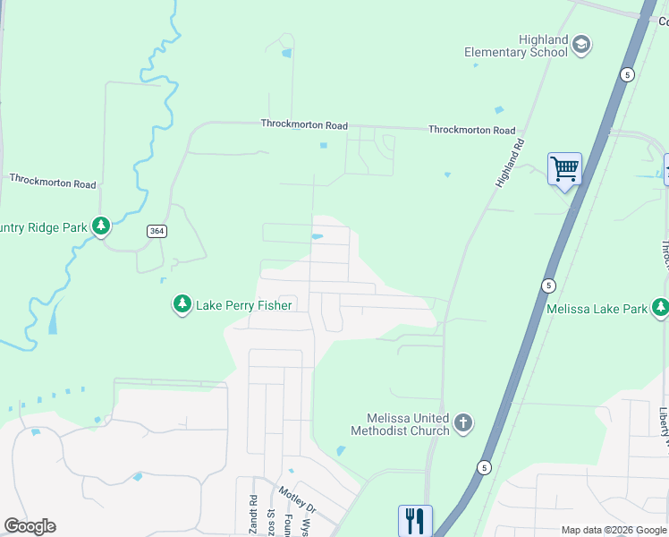 map of restaurants, bars, coffee shops, grocery stores, and more near 7359 County Road 365 in Melissa