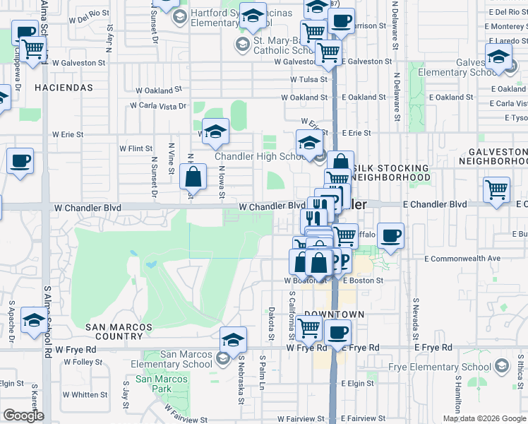 map of restaurants, bars, coffee shops, grocery stores, and more near 208 North Dakota Street in Chandler