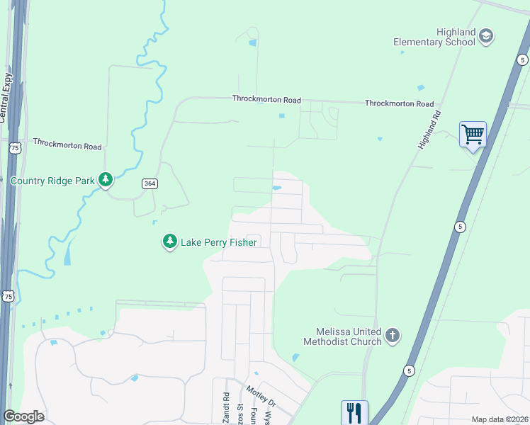 map of restaurants, bars, coffee shops, grocery stores, and more near 7359 County Road 365 in Melissa
