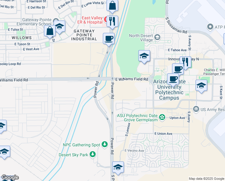 map of restaurants, bars, coffee shops, grocery stores, and more near Power Road South in Gilbert