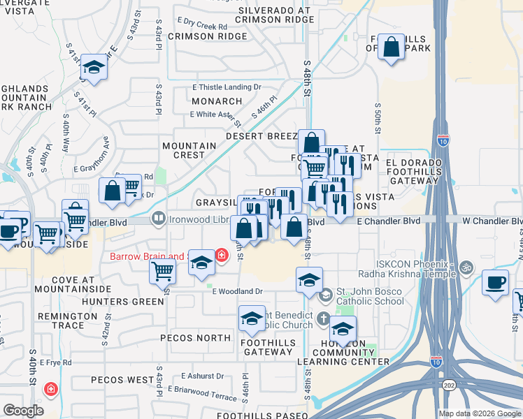 map of restaurants, bars, coffee shops, grocery stores, and more near 15453 South 47th Place in Phoenix