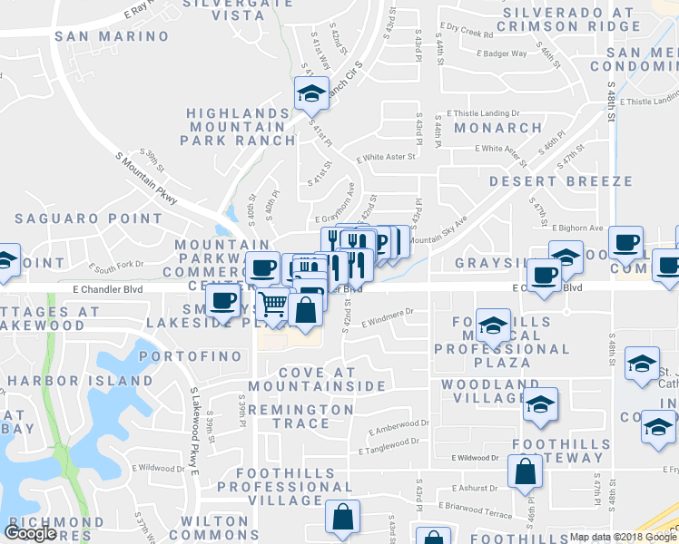 map of restaurants, bars, coffee shops, grocery stores, and more near 4142 East Chandler Boulevard in Phoenix