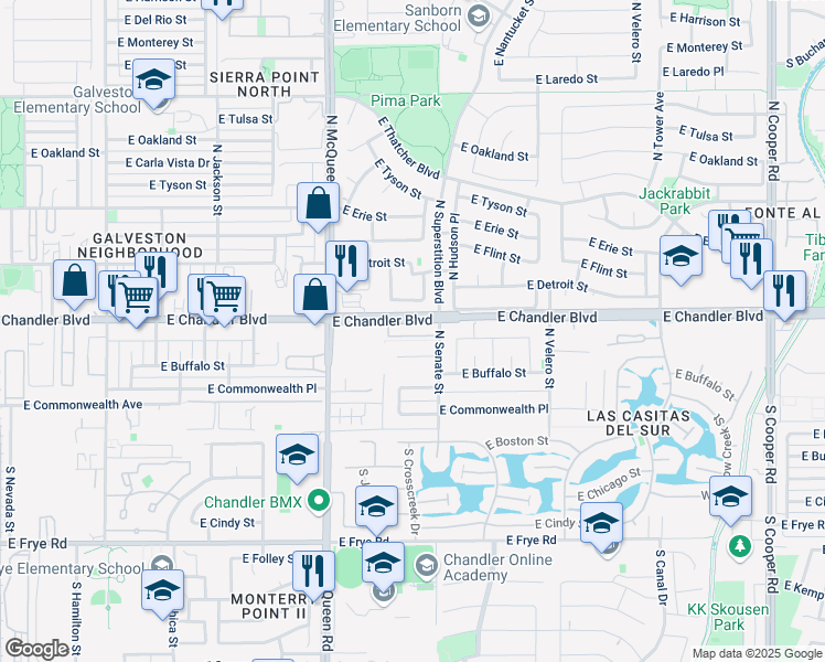 map of restaurants, bars, coffee shops, grocery stores, and more near 118 North Senate Street in Chandler