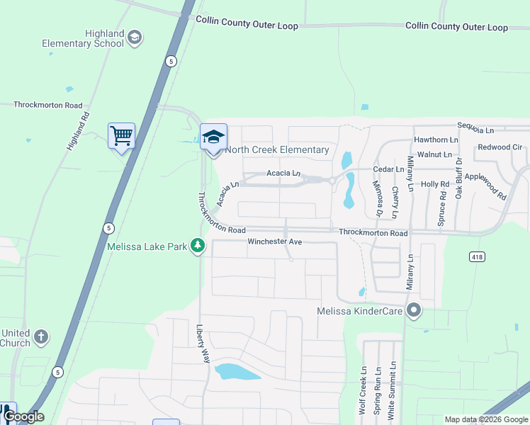 map of restaurants, bars, coffee shops, grocery stores, and more near 2811 Redbud Lane in Melissa