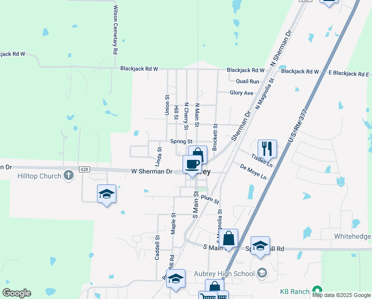map of restaurants, bars, coffee shops, grocery stores, and more near 302 North Cherry Street in Aubrey