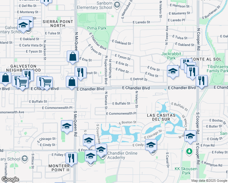 map of restaurants, bars, coffee shops, grocery stores, and more near 1121 East Chandler Boulevard in Chandler