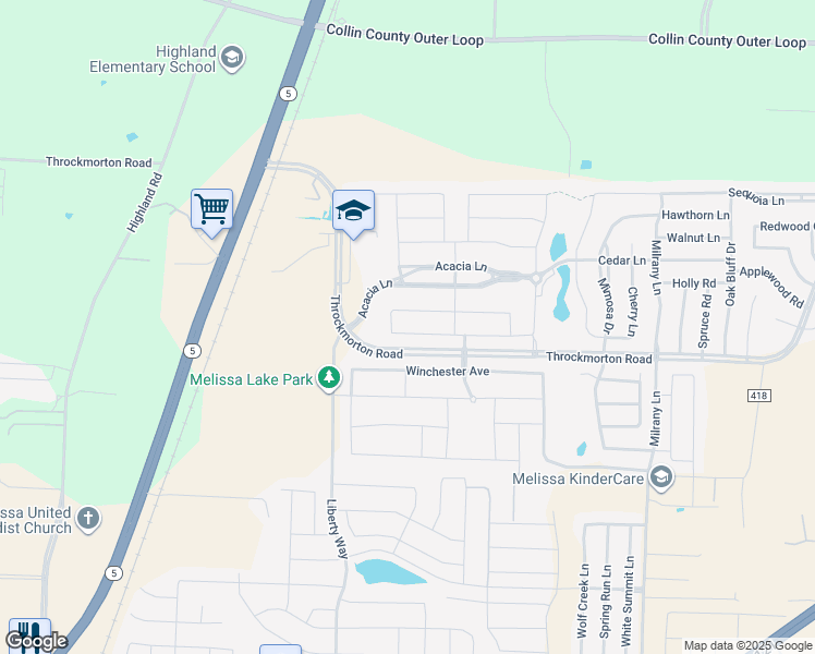 map of restaurants, bars, coffee shops, grocery stores, and more near 2811 Redbud Lane in Melissa