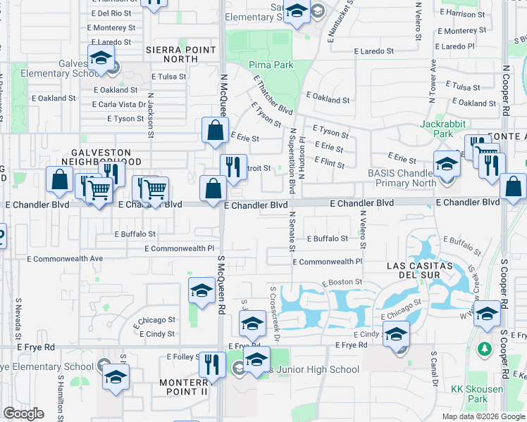 map of restaurants, bars, coffee shops, grocery stores, and more near 1075 East Chandler Boulevard in Chandler
