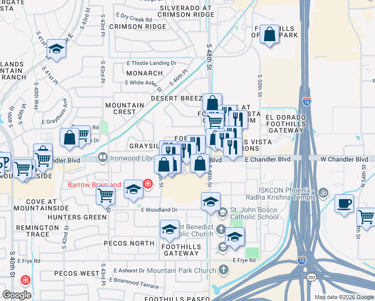 map of restaurants, bars, coffee shops, grocery stores, and more near 15453 South 47th Place in Phoenix