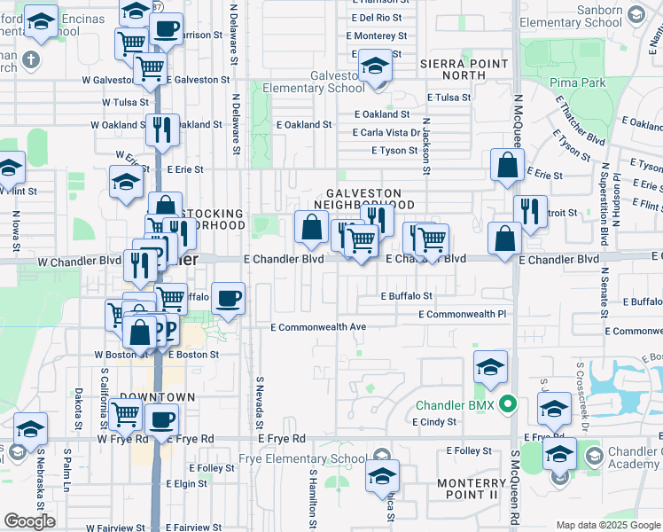 map of restaurants, bars, coffee shops, grocery stores, and more near 54 North Hamilton Street in Chandler