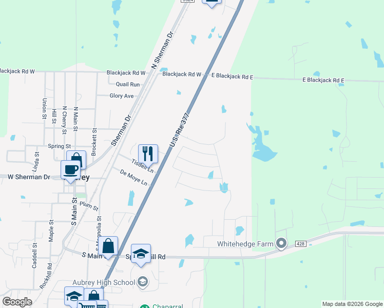 map of restaurants, bars, coffee shops, grocery stores, and more near 460 U.S. 377 in Aubrey