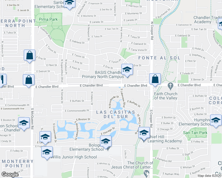 map of restaurants, bars, coffee shops, grocery stores, and more near 150 South Lakeview Boulevard in Chandler