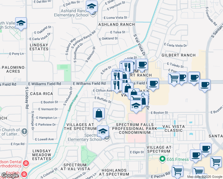 map of restaurants, bars, coffee shops, grocery stores, and more near Palomino Creek Drive in Gilbert