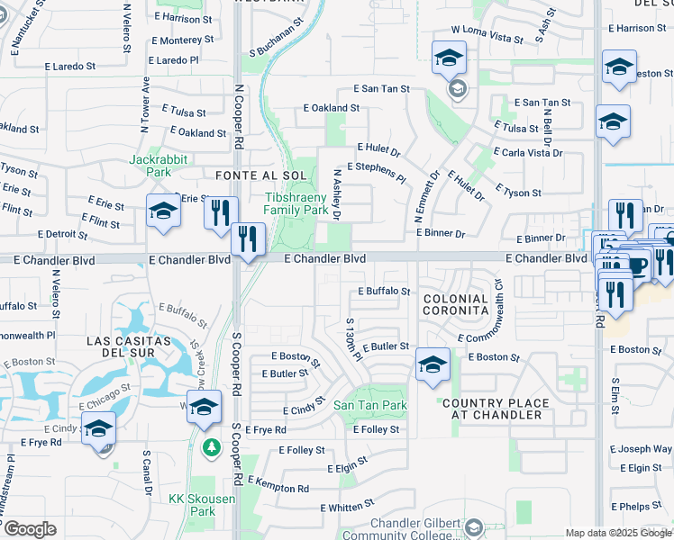map of restaurants, bars, coffee shops, grocery stores, and more near 195 North Cottonwood Street in Chandler