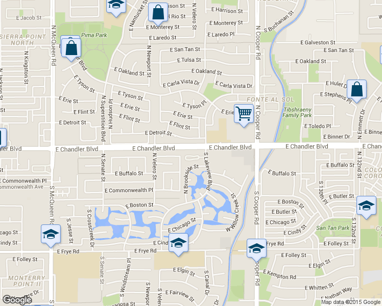 map of restaurants, bars, coffee shops, grocery stores, and more near 150 South Lakeview Boulevard in Chandler