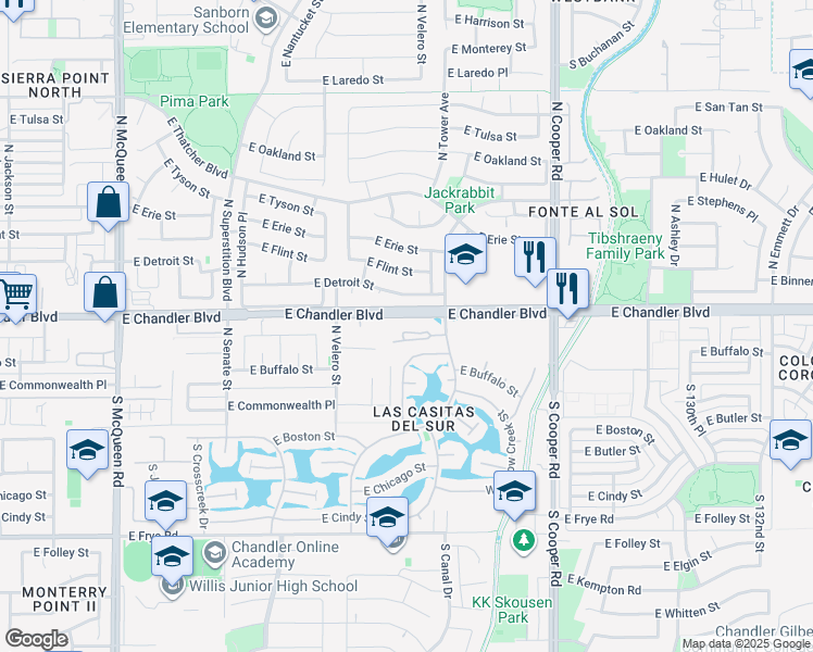 map of restaurants, bars, coffee shops, grocery stores, and more near 150 South Lakeview Boulevard in Chandler