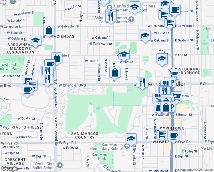 map of restaurants, bars, coffee shops, grocery stores, and more near 698 West Chandler Boulevard in Chandler