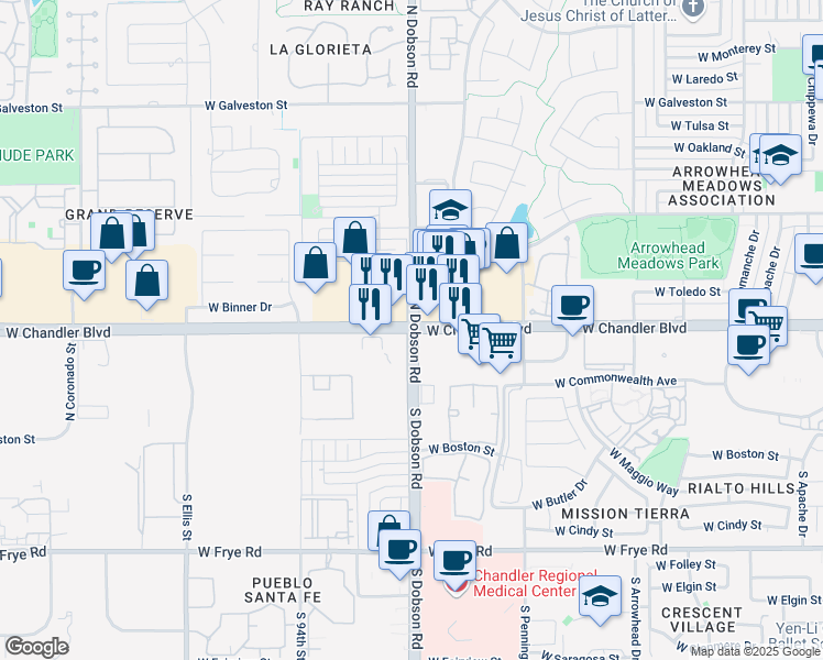 map of restaurants, bars, coffee shops, grocery stores, and more near 1990 West Chandler Boulevard in Chandler