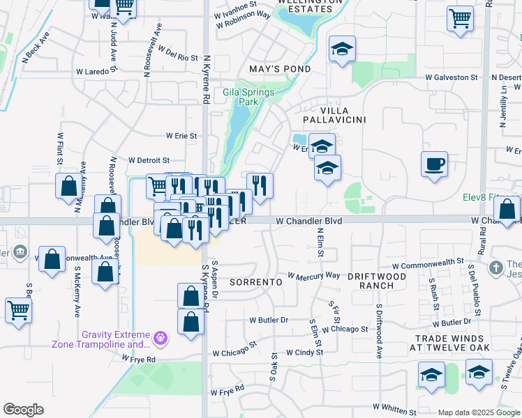 map of restaurants, bars, coffee shops, grocery stores, and more near 5800 West Chandler Boulevard in Chandler
